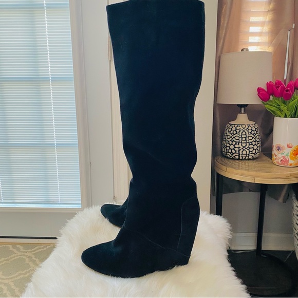 House of Harlow Black Suede Wedge Knee High Boots - Picture 7 of 13
